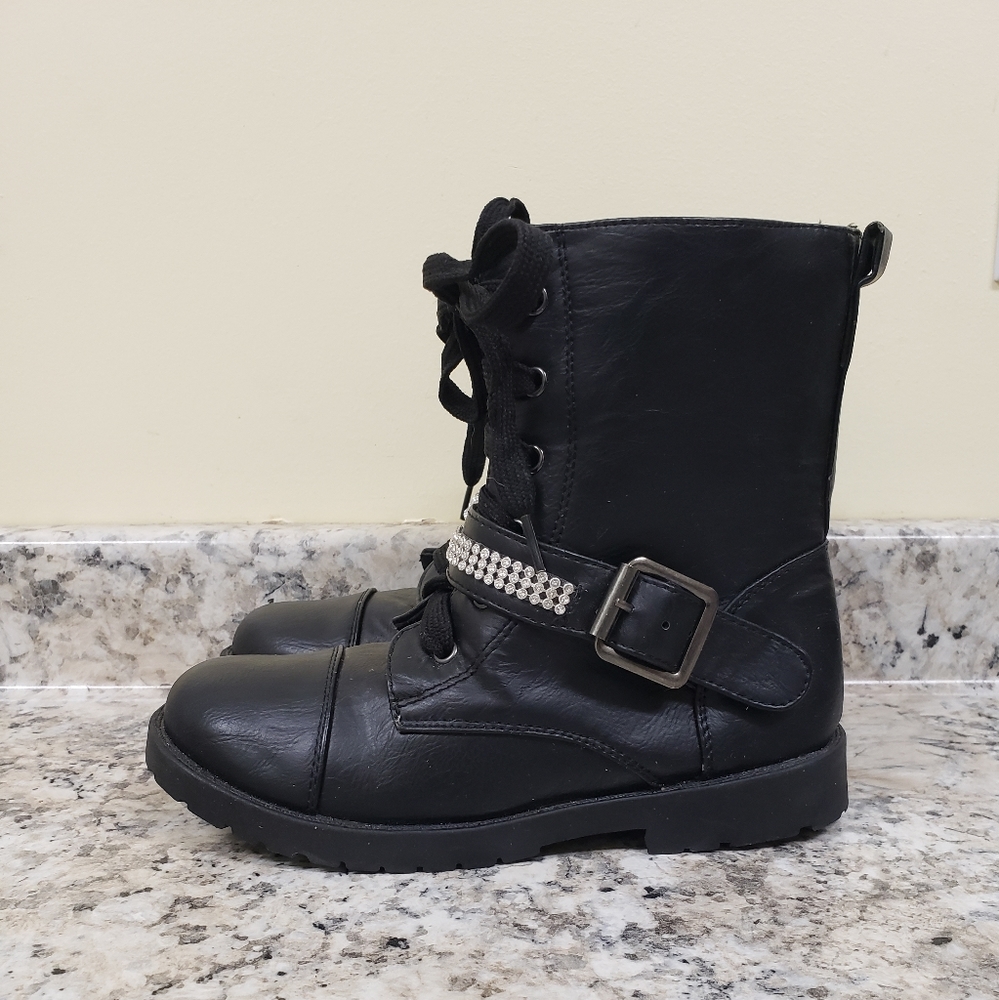 Gina Group Black Vegan Diamond Embellished Girl's Combat Boots Size L (1-2)